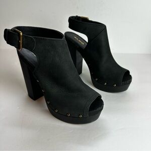 Aldo Black Peep-Toe Platform Heels with Gold Buckle